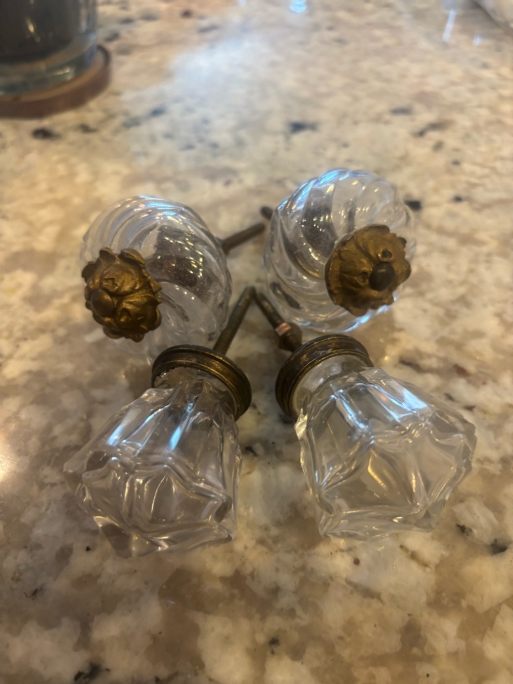 Vintage Glass and Brass Cabinet Door Knobs - Clear and Brass